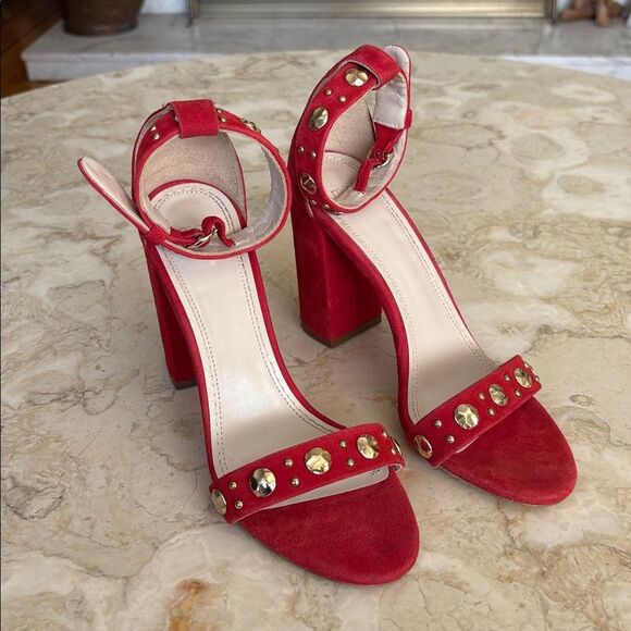 Maje Faria Red Suede Studded Chunky Heel Ankle Strap Sandals - Picture 2 of 14